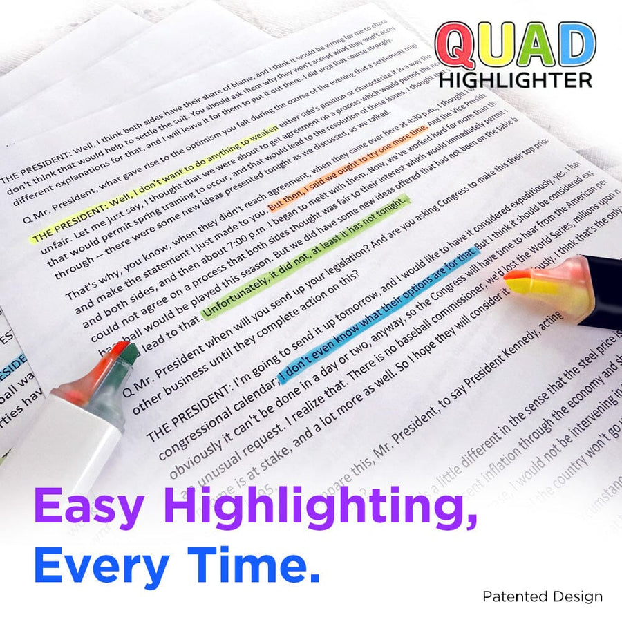 QUAD Highlighter - 1 marker 4 Colours! Featuring 2 colours per side. 4 QUAD Highlighters per pack. No Bleed & Quick Dry. Perfect for students, teachers, professionals...Patented Design Pikk-It Pikk-it 
